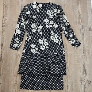 Vintage Julie Francis 100% Silk Floral Black and White Women's Dress